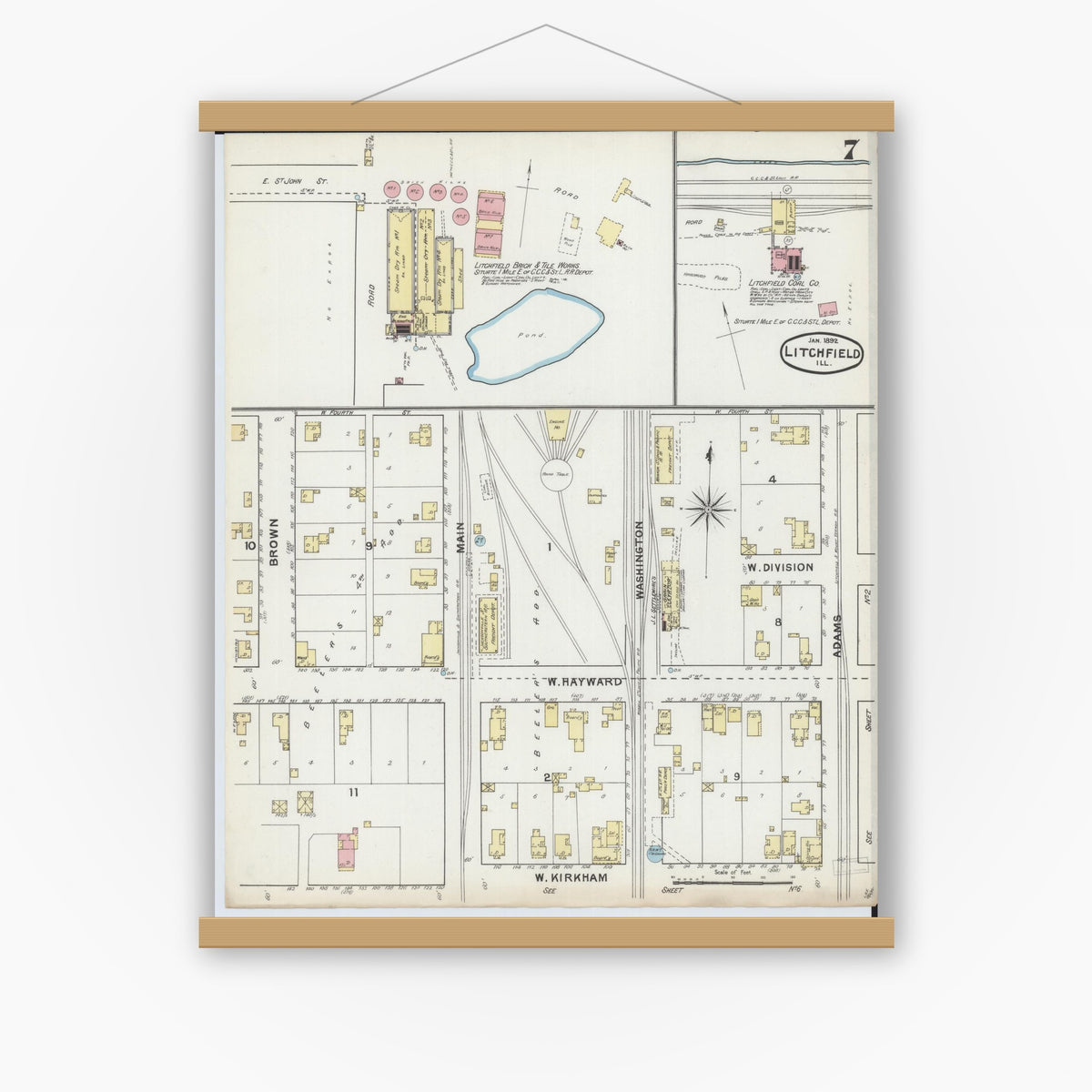 Old map wall art mockup — magnetic wood frame on white wall — Sanborn Fire Insurance Map from Litchfield, Montgomery County, Illinois (1892), Sheet #0007