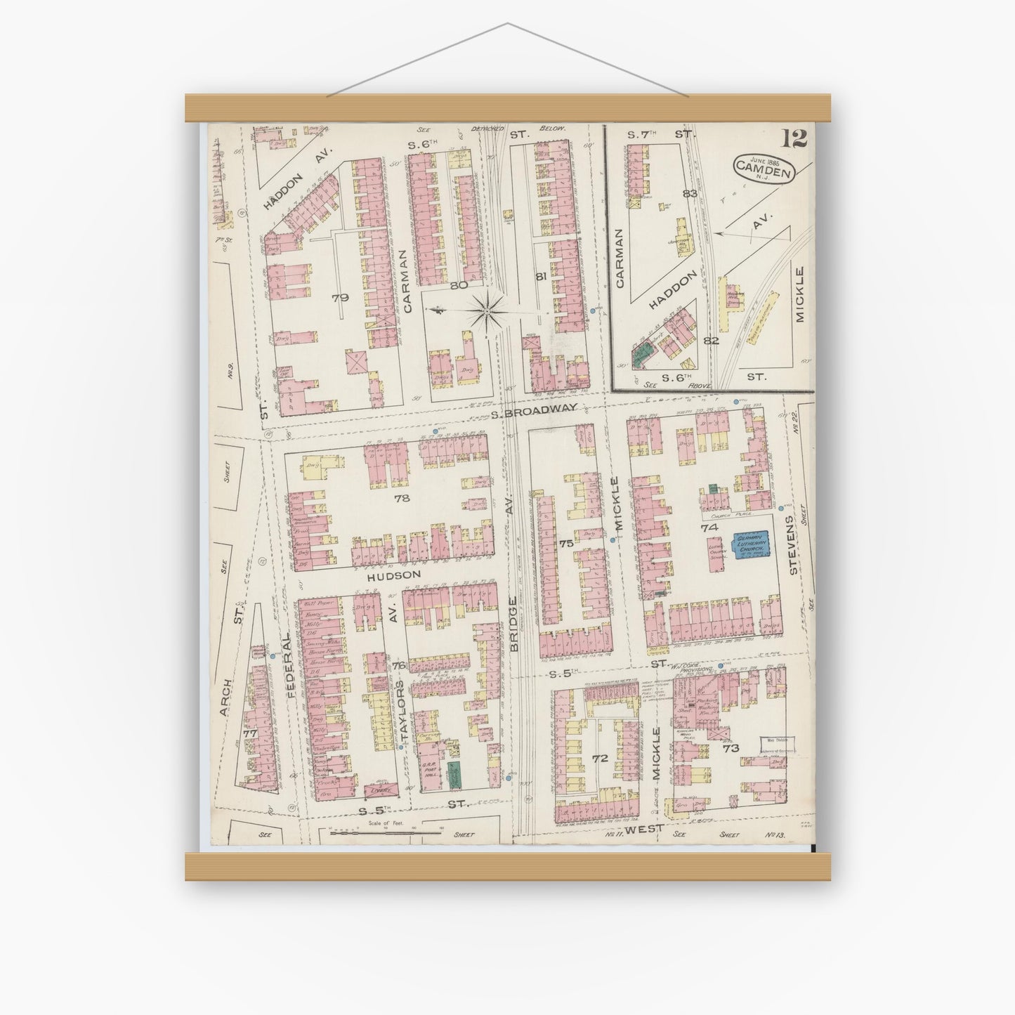 Old map wall art mockup — magnetic wood frame on white wall — Sanborn Fire Insurance Map from Camden, Camden County, New Jersey (1885), Sheet #0012