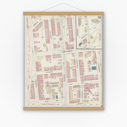 Old map wall art mockup — magnetic wood frame on white wall — Sanborn Fire Insurance Map from Camden, Camden County, New Jersey (1885), Sheet #0012