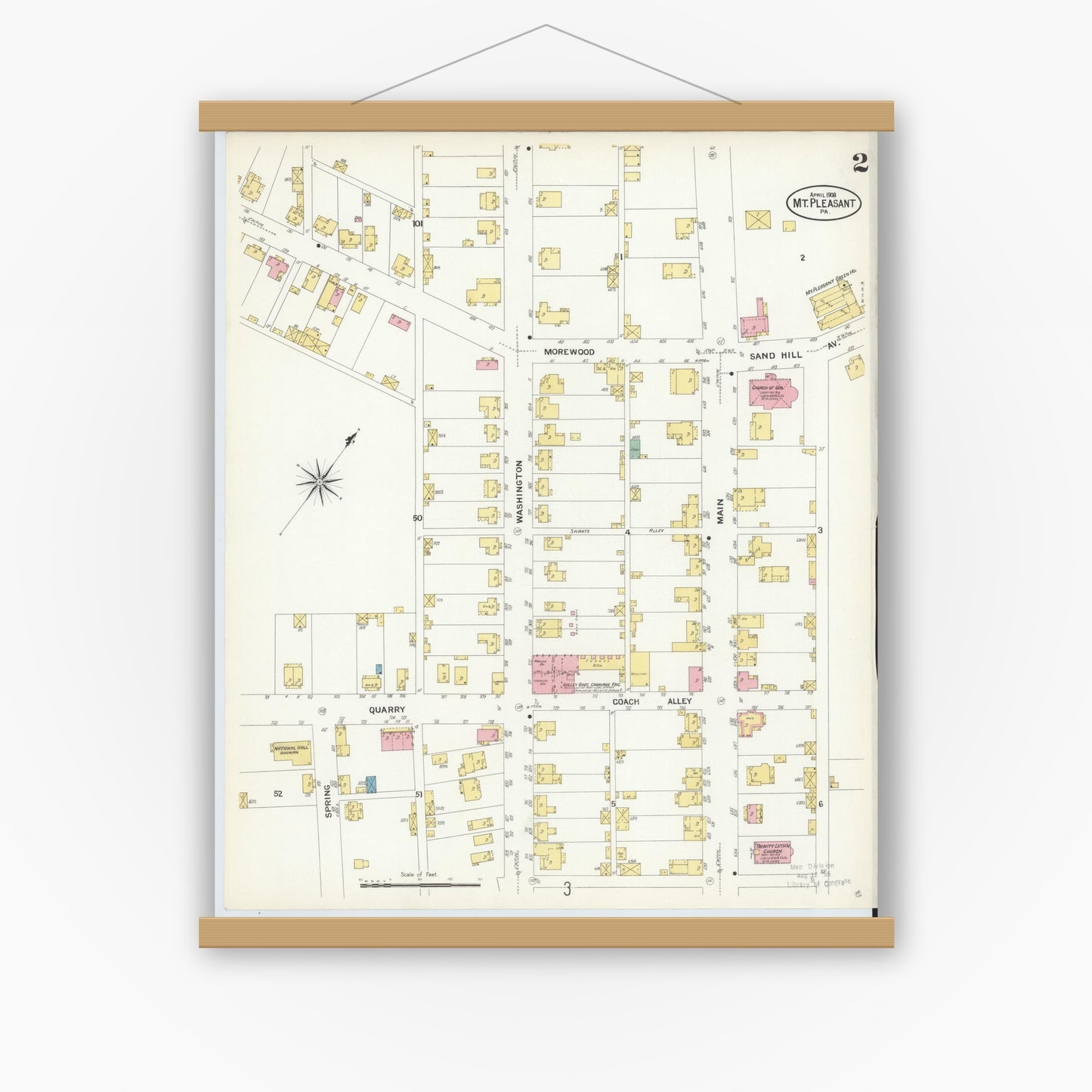 Old map wall art mockup — magnetic wood frame on white wall — Sanborn Fire Insurance Map from Mount Pleasant, Westmoreland County, Pennsylvania (1908), Sheet #0002