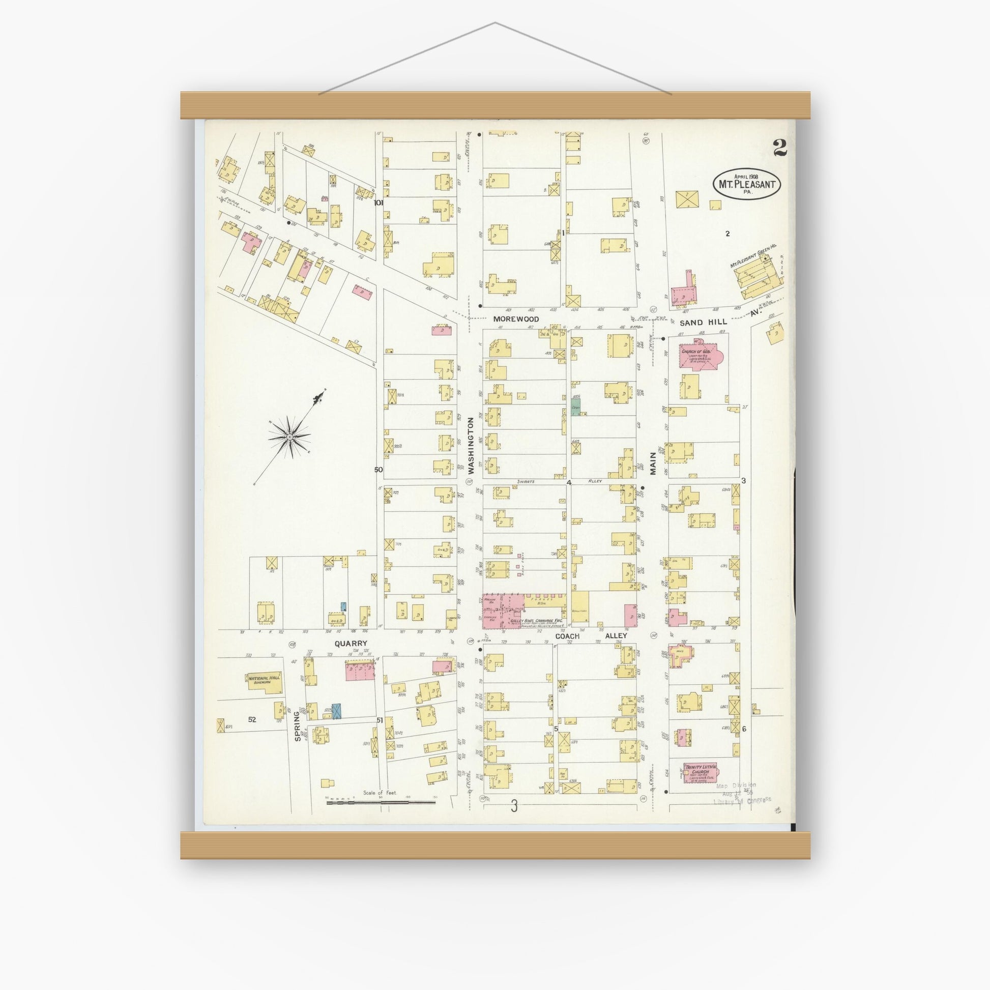 Old map wall art mockup — magnetic wood frame on white wall — Sanborn Fire Insurance Map from Mount Pleasant, Westmoreland County, Pennsylvania (1908), Sheet #0002