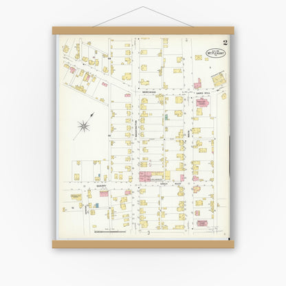 Old map wall art mockup — magnetic wood frame on white wall — Sanborn Fire Insurance Map from Mount Pleasant, Westmoreland County, Pennsylvania (1908), Sheet #0002