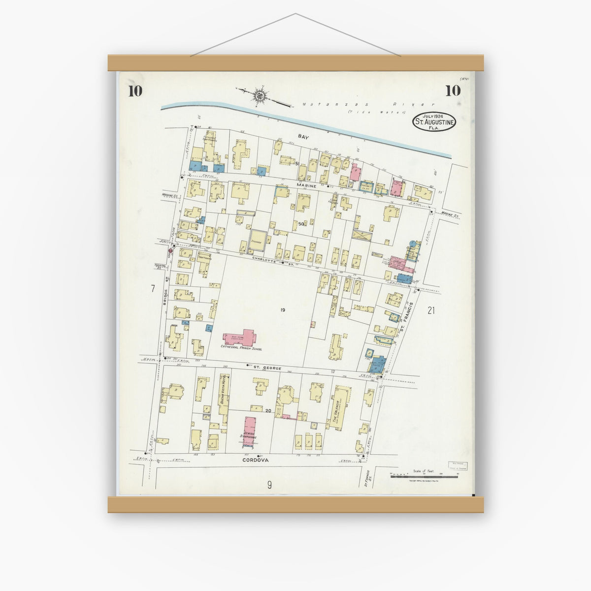 Old map wall art mockup — magnetic wood frame on white wall — Sanborn Fire Insurance Map from Saint Augustine, Saint John's County, Florida (1924), Sheet #0010