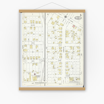 Old map wall art mockup — magnetic wood frame on white wall — Sanborn Fire Insurance Map from Caldwell, Noble County, Ohio (1911), Sheet #0005