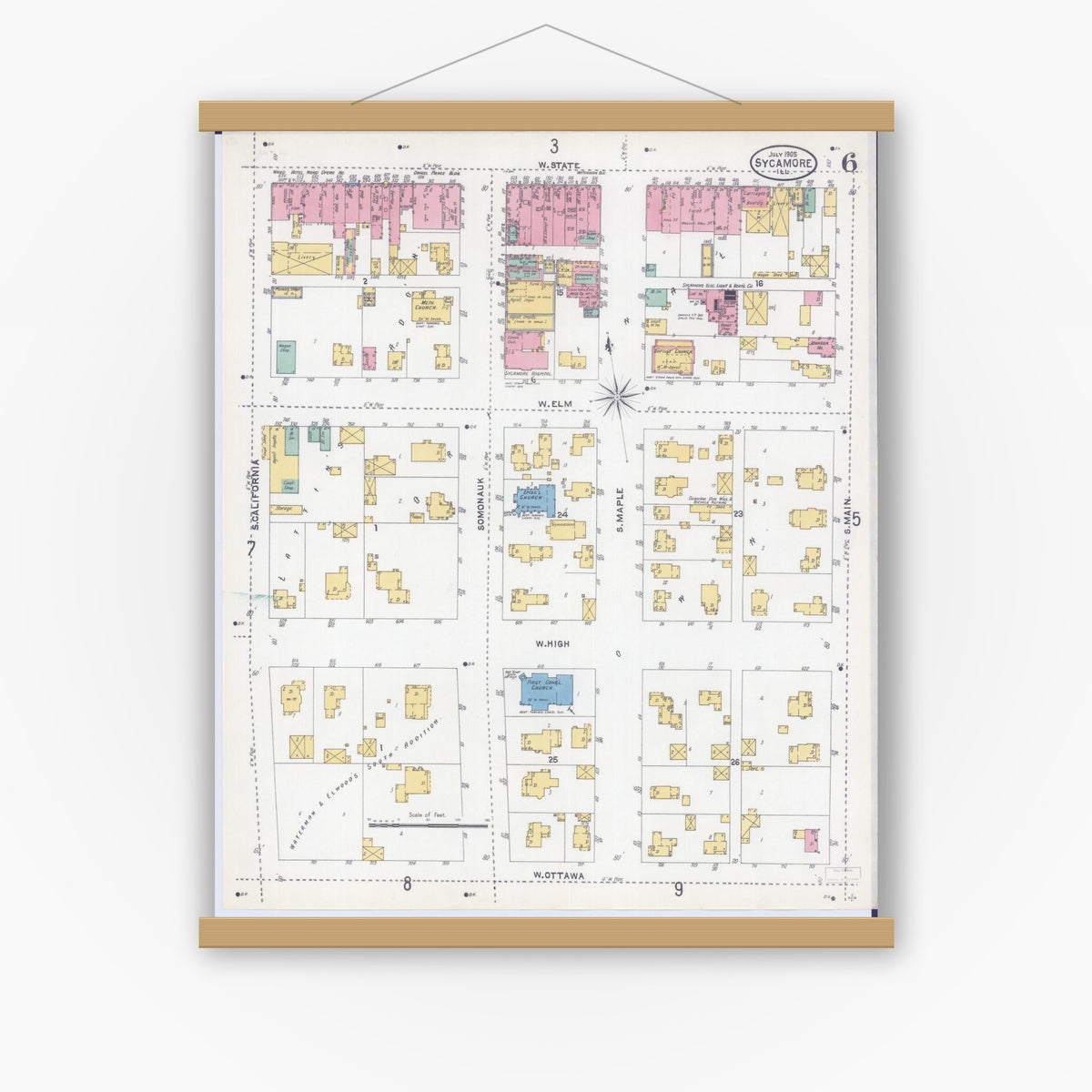 Old map wall art mockup — magnetic wood frame on white wall — Sanborn Fire Insurance Map from Sycamore, De Kalb County, Illinois (1905), Sheet #0006
