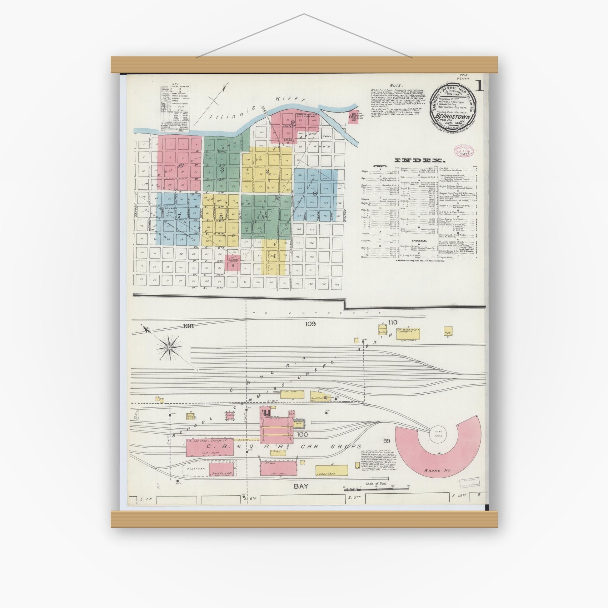 Old map wall art mockup — magnetic wood frame on white wall — Sanborn Fire Insurance Map from Beardstown, Cass County, Illinois (1894) - Complete Map Set