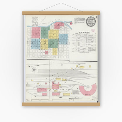 Old map wall art mockup — magnetic wood frame on white wall — Sanborn Fire Insurance Map from Beardstown, Cass County, Illinois (1894) - Complete Map Set