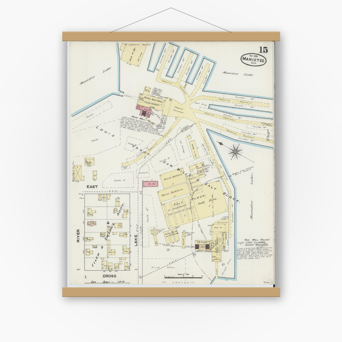 Old map wall art mockup — magnetic wood frame on white wall — Sanborn Fire Insurance Map from Manistee, Manistee County, Michigan (1890), Sheet #0015