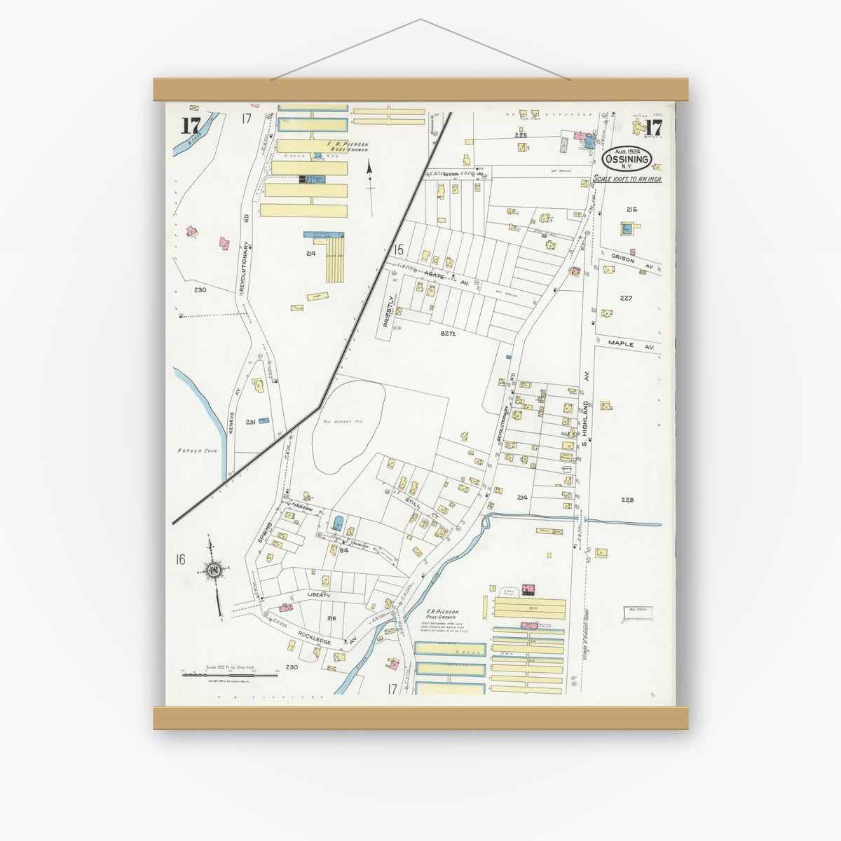 Old map wall art mockup — magnetic wood frame on white wall — Sanborn Fire Insurance Map from Ossining, Westchester County, New York (1924), Sheet #0017