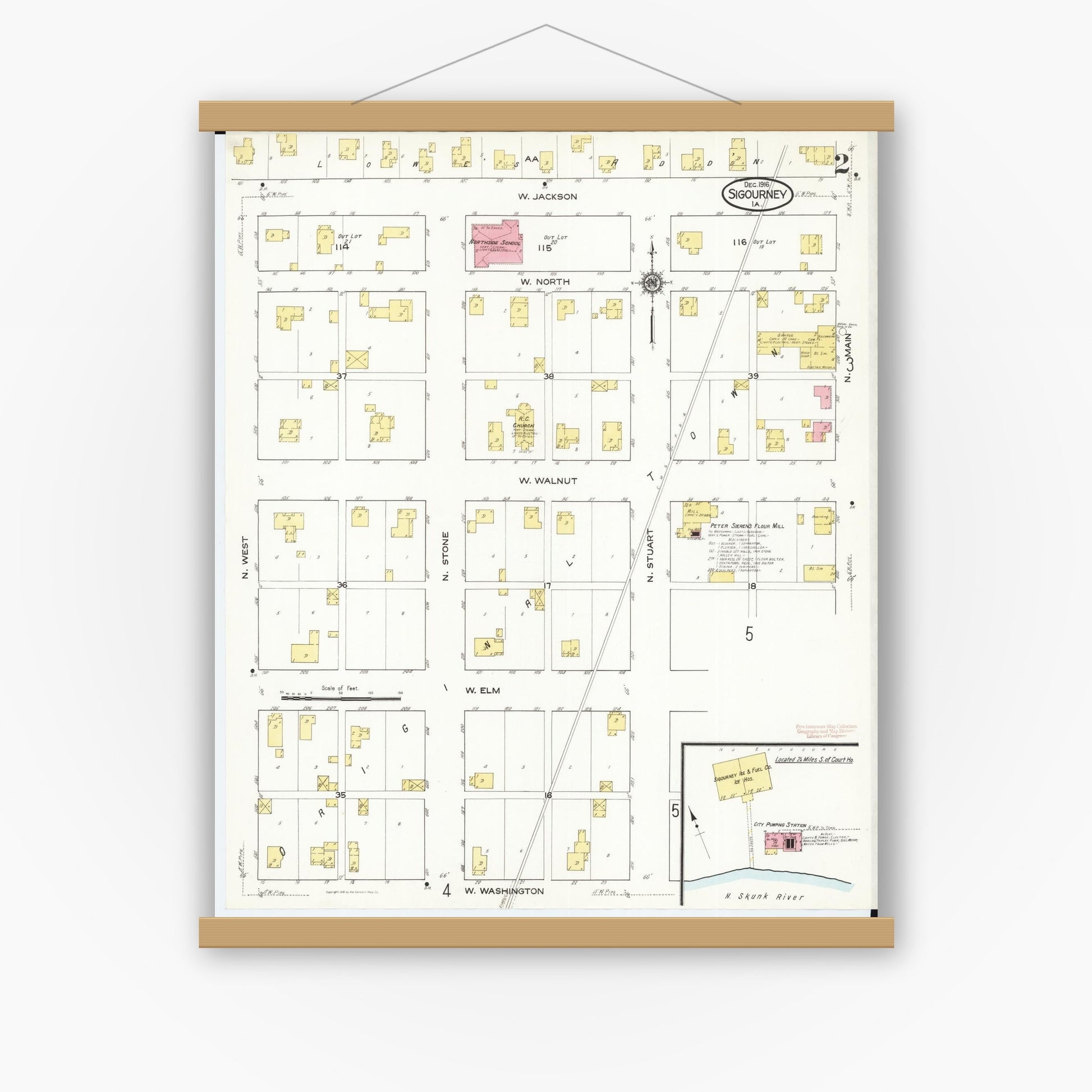 Old map wall art mockup — magnetic wood frame on white wall — Sanborn Fire Insurance Map from Sigourney, Kiokuk County, Iowa (1916), Sheet #0002