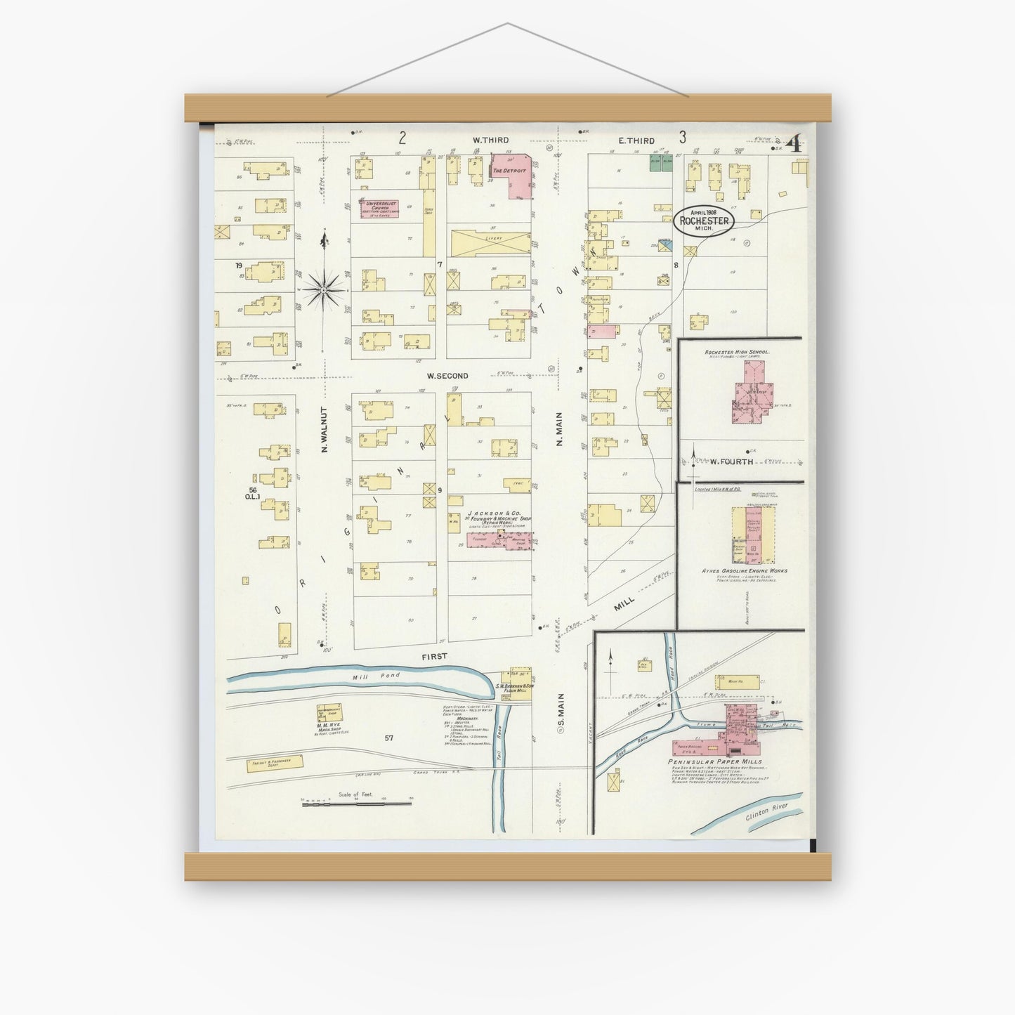 Old map wall art mockup — magnetic wood frame on white wall — Sanborn Fire Insurance Map from Rochester, Oakland County, Michigan (1908), Sheet #0004