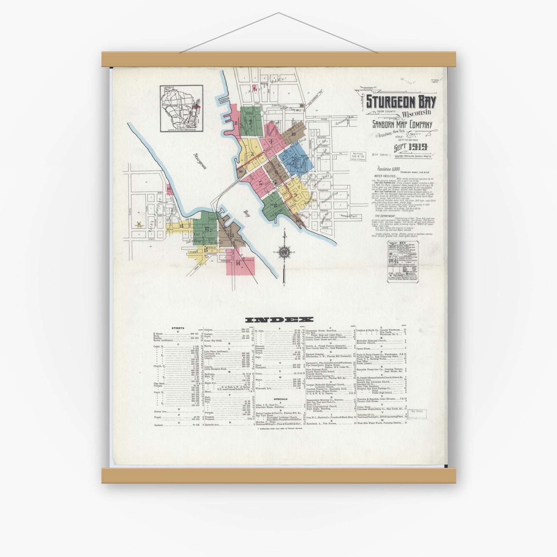 Old map wall art mockup — magnetic wood frame on white wall — Sanborn Fire Insurance Map from Sturgeon Bay, Door County, Wisconsin (1919) - Complete Map Set