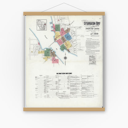 Old map wall art mockup — magnetic wood frame on white wall — Sanborn Fire Insurance Map from Sturgeon Bay, Door County, Wisconsin (1919) - Complete Map Set