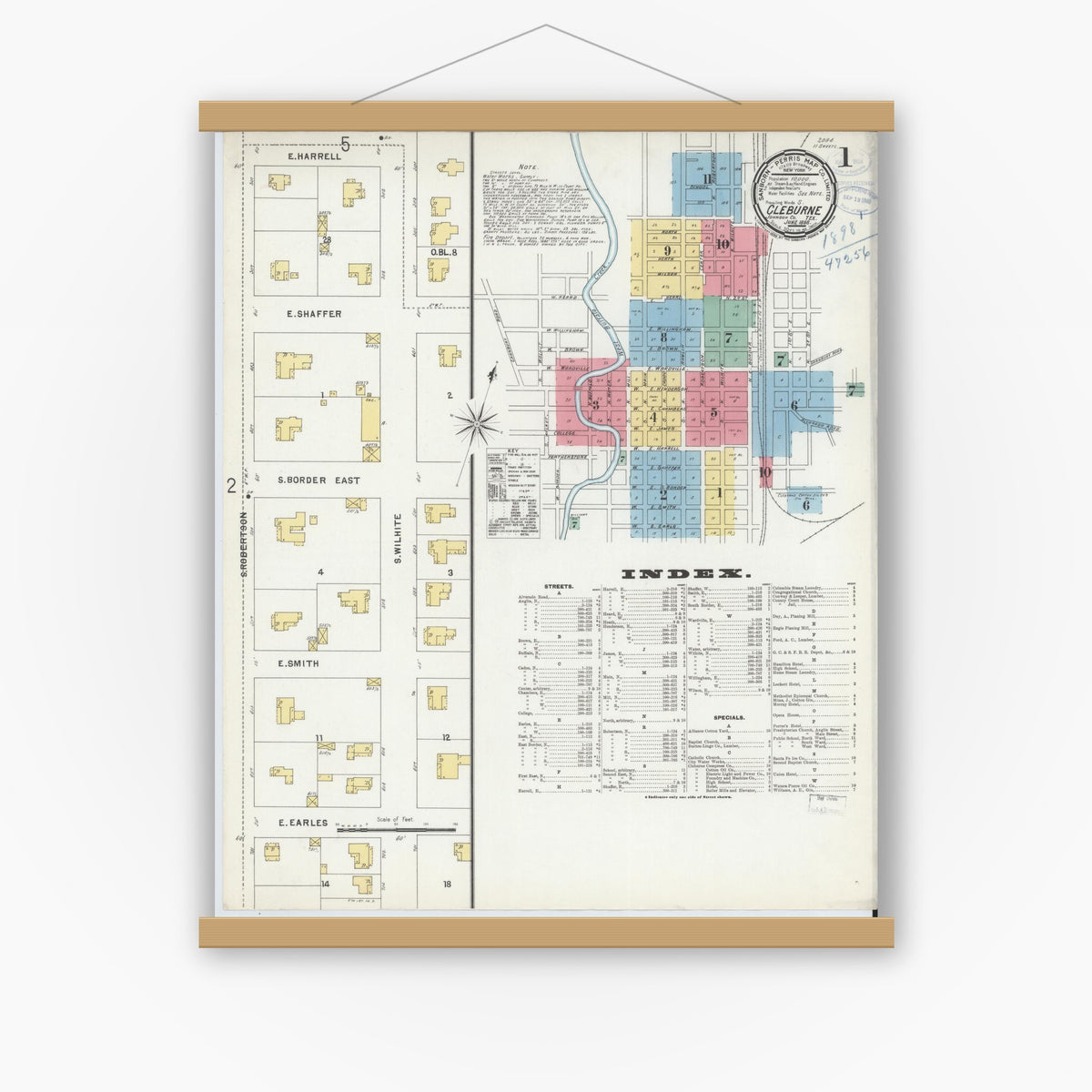 Old map wall art mockup — magnetic wood frame on white wall — Sanborn Fire Insurance Map from Cleburne, Johnson County, Texas (1898) - Complete Map Set