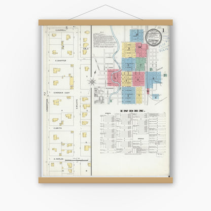 Old map wall art mockup — magnetic wood frame on white wall — Sanborn Fire Insurance Map from Cleburne, Johnson County, Texas (1898) - Complete Map Set