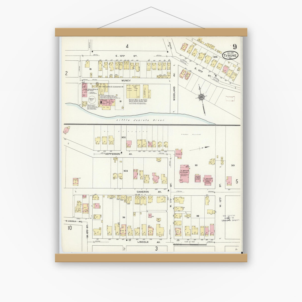 Old map wall art mockup — magnetic wood frame on white wall — Sanborn Fire Insurance Map from Tyrone, Blair County, Pennsylvania (1911), Sheet #0009