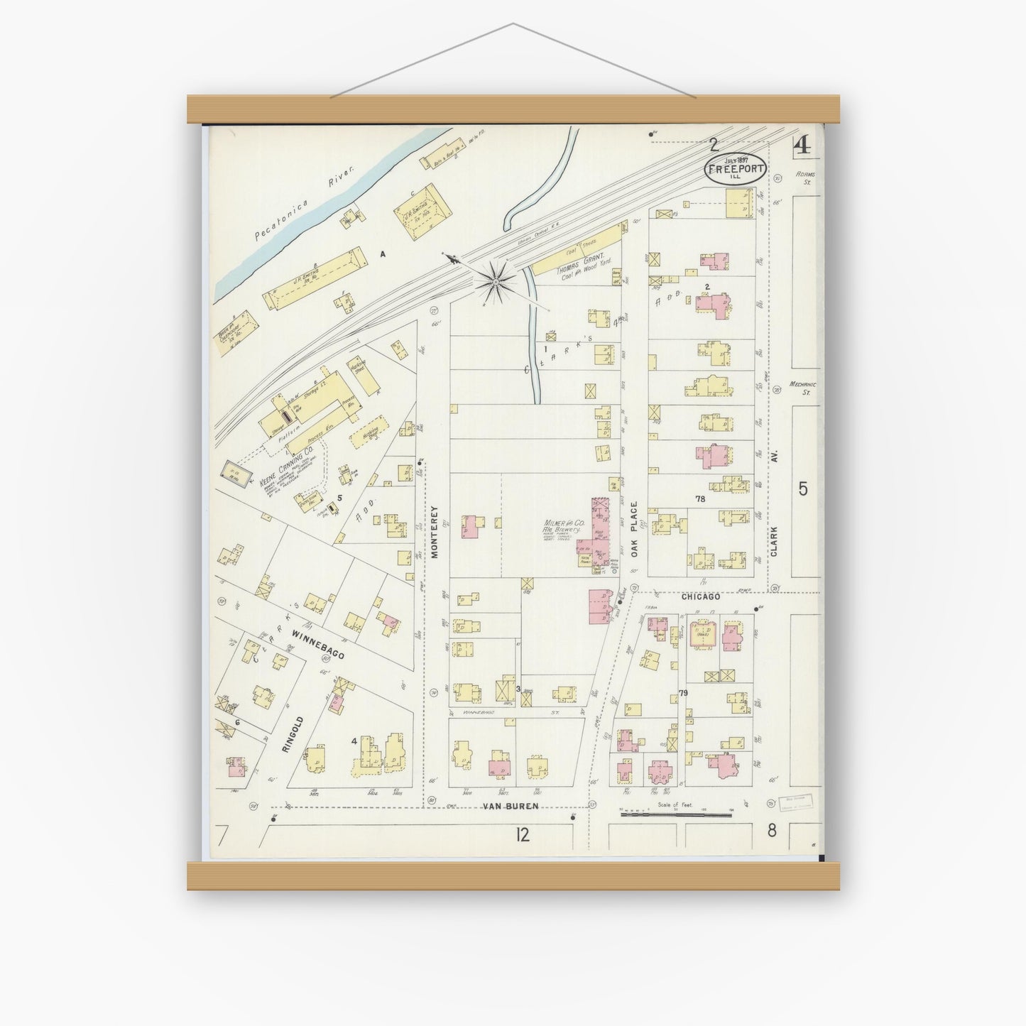 Old map wall art mockup — magnetic wood frame on white wall — Sanborn Fire Insurance Map from Freeport, Stephenson County, Illinois (1897), Sheet #0004