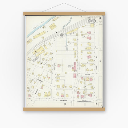 Old map wall art mockup — magnetic wood frame on white wall — Sanborn Fire Insurance Map from Freeport, Stephenson County, Illinois (1897), Sheet #0004