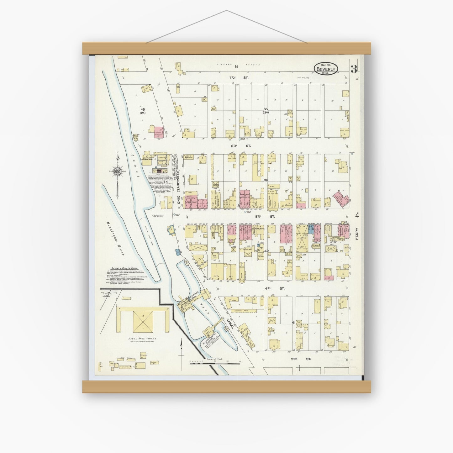 Old map wall art mockup — magnetic wood frame on white wall — Sanborn Fire Insurance Map from Beverly, Washington County, Ohio (1911), Sheet #0003