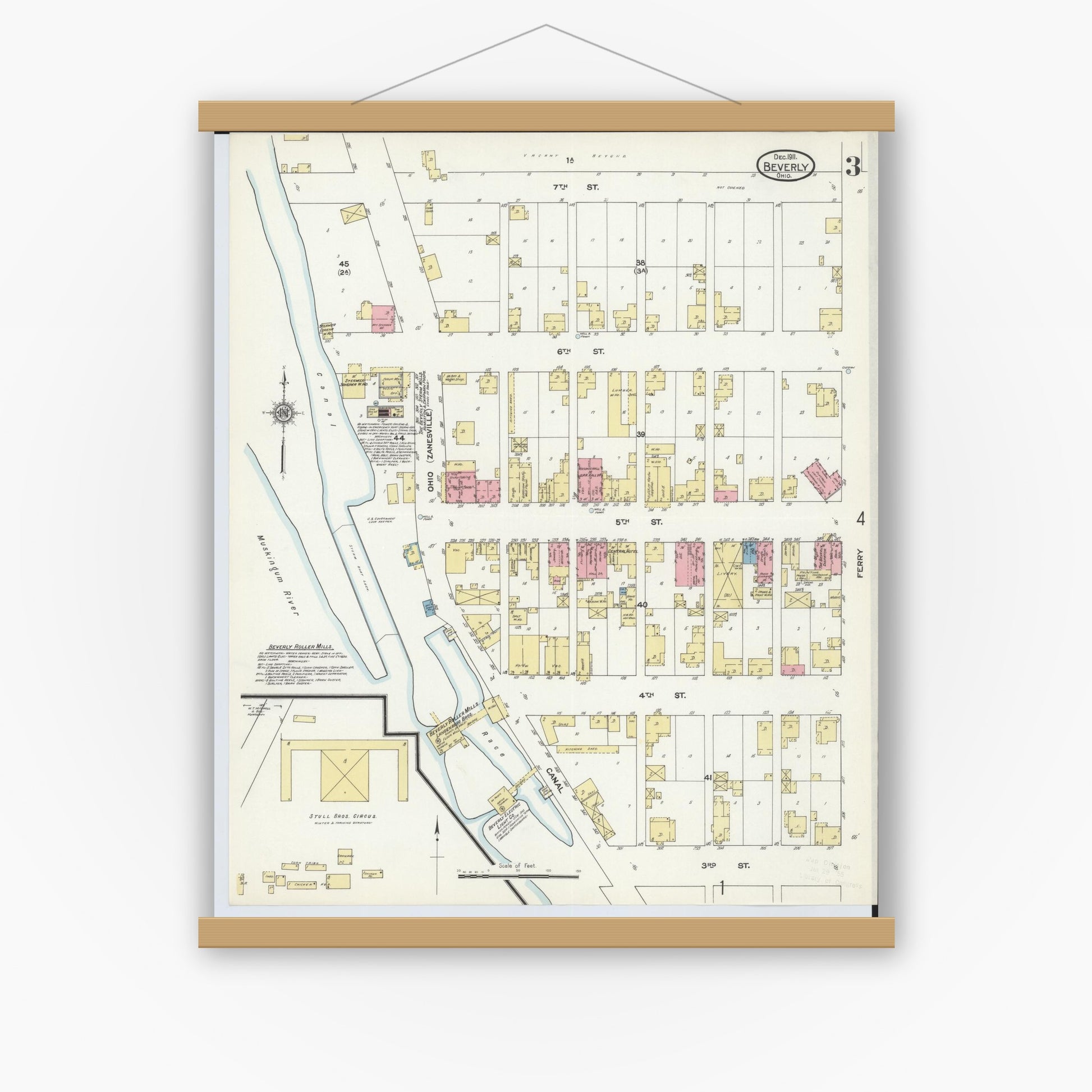 Old map wall art mockup — magnetic wood frame on white wall — Sanborn Fire Insurance Map from Beverly, Washington County, Ohio (1911), Sheet #0003