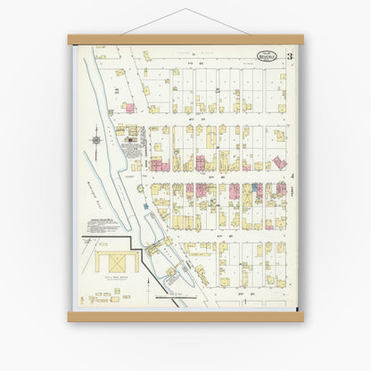 Old map wall art mockup — magnetic wood frame on white wall — Sanborn Fire Insurance Map from Beverly, Washington County, Ohio (1911), Sheet #0003