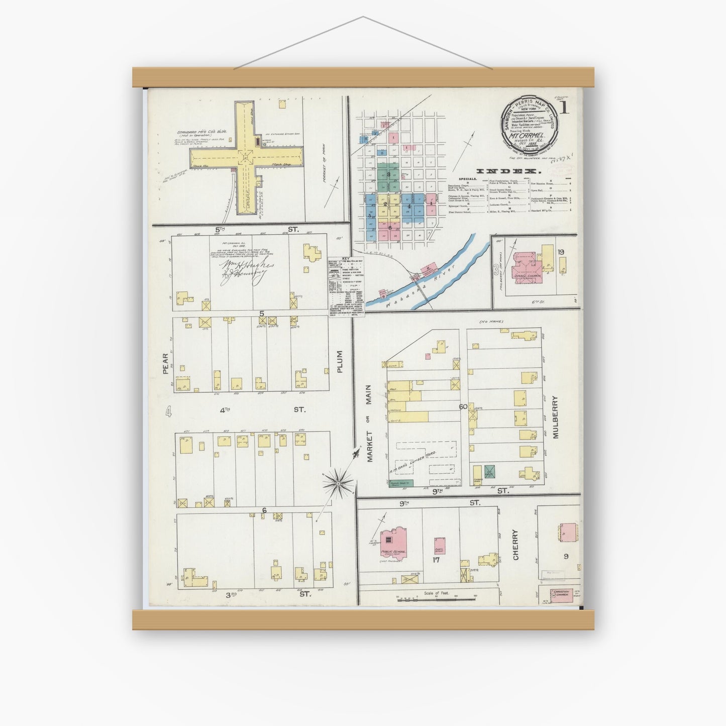 Old map wall art mockup — magnetic wood frame on white wall — Sanborn Fire Insurance Map from Mount Carmel, Wabash County, Illinois (1892) - Complete Map Set