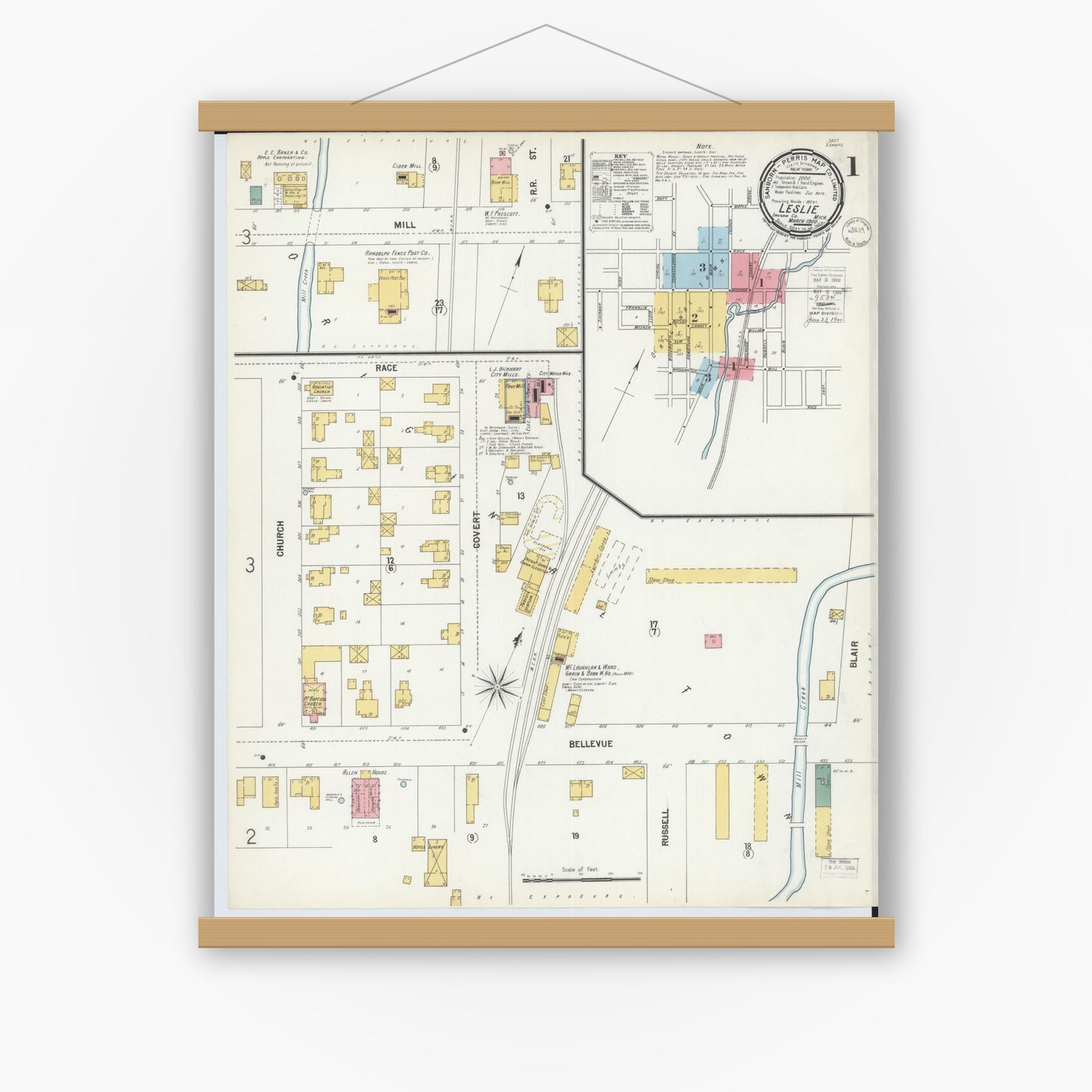 Old map wall art mockup — magnetic wood frame on white wall — Sanborn Fire Insurance Map from Leslie, Ingham County, Michigan (1900) - Complete Map Set