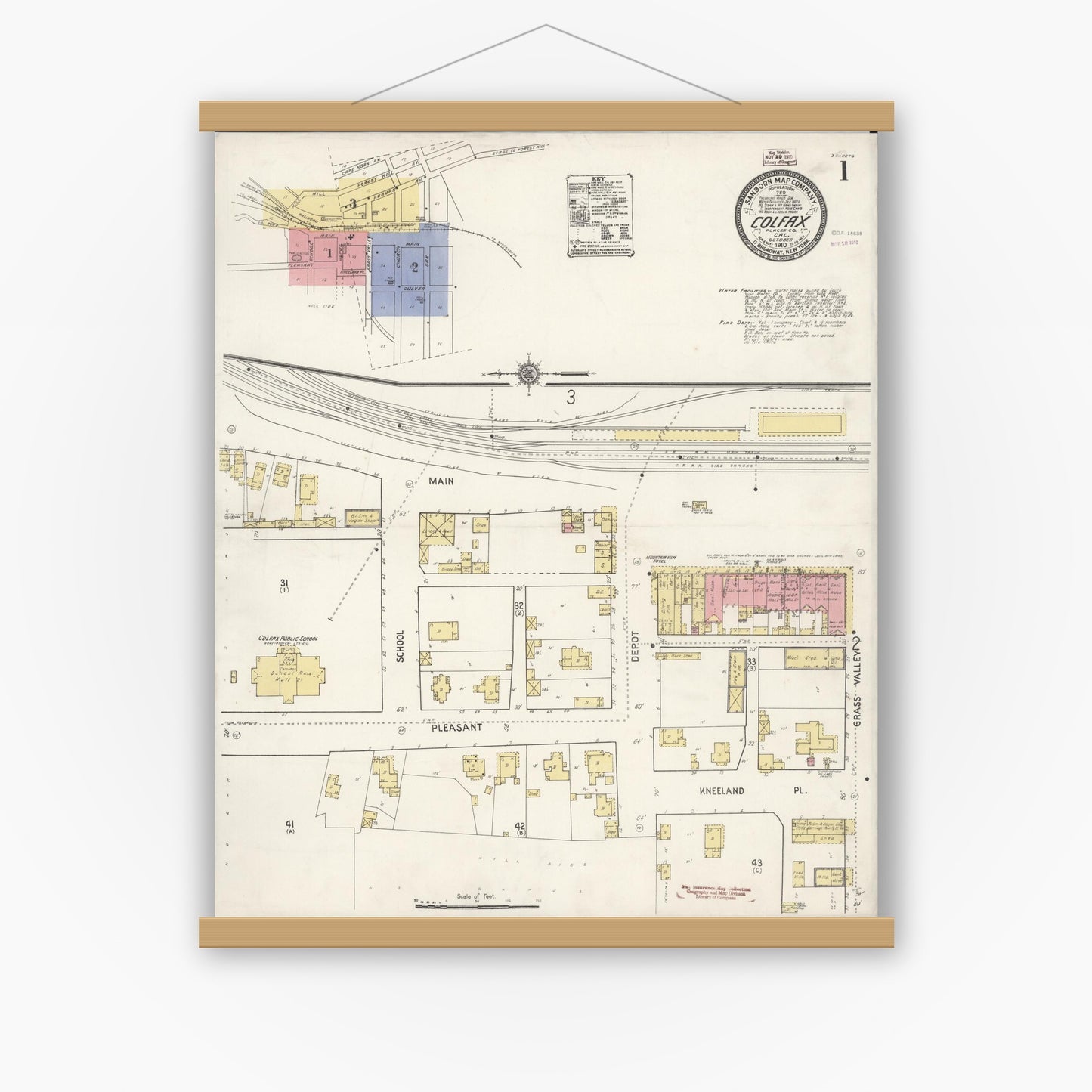 Old map wall art mockup — magnetic wood frame on white wall — Sanborn Fire Insurance Map from Colfax, Placer County, California (1910) - Complete Map Set
