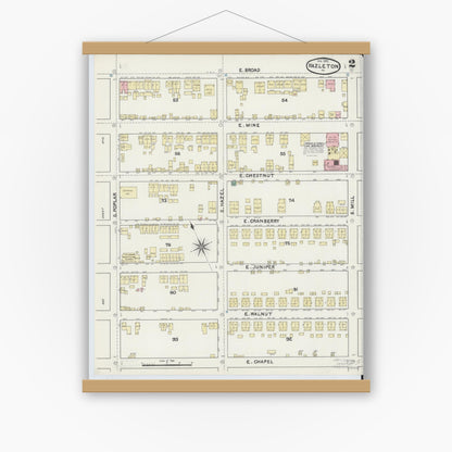 Old map wall art mockup — magnetic wood frame on white wall — Sanborn Fire Insurance Map from Hazleton, Luzerne County, Pennsylvania (1891), Sheet #0002