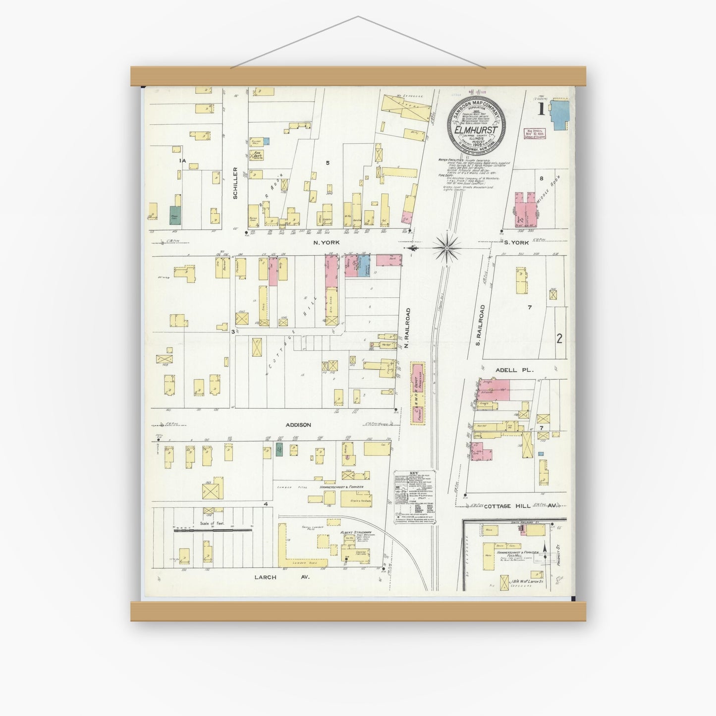 Old map wall art mockup — magnetic wood frame on white wall — Sanborn Fire Insurance Map from Elmhurst, Du Page County, Illinois (1909) - Complete Map Set