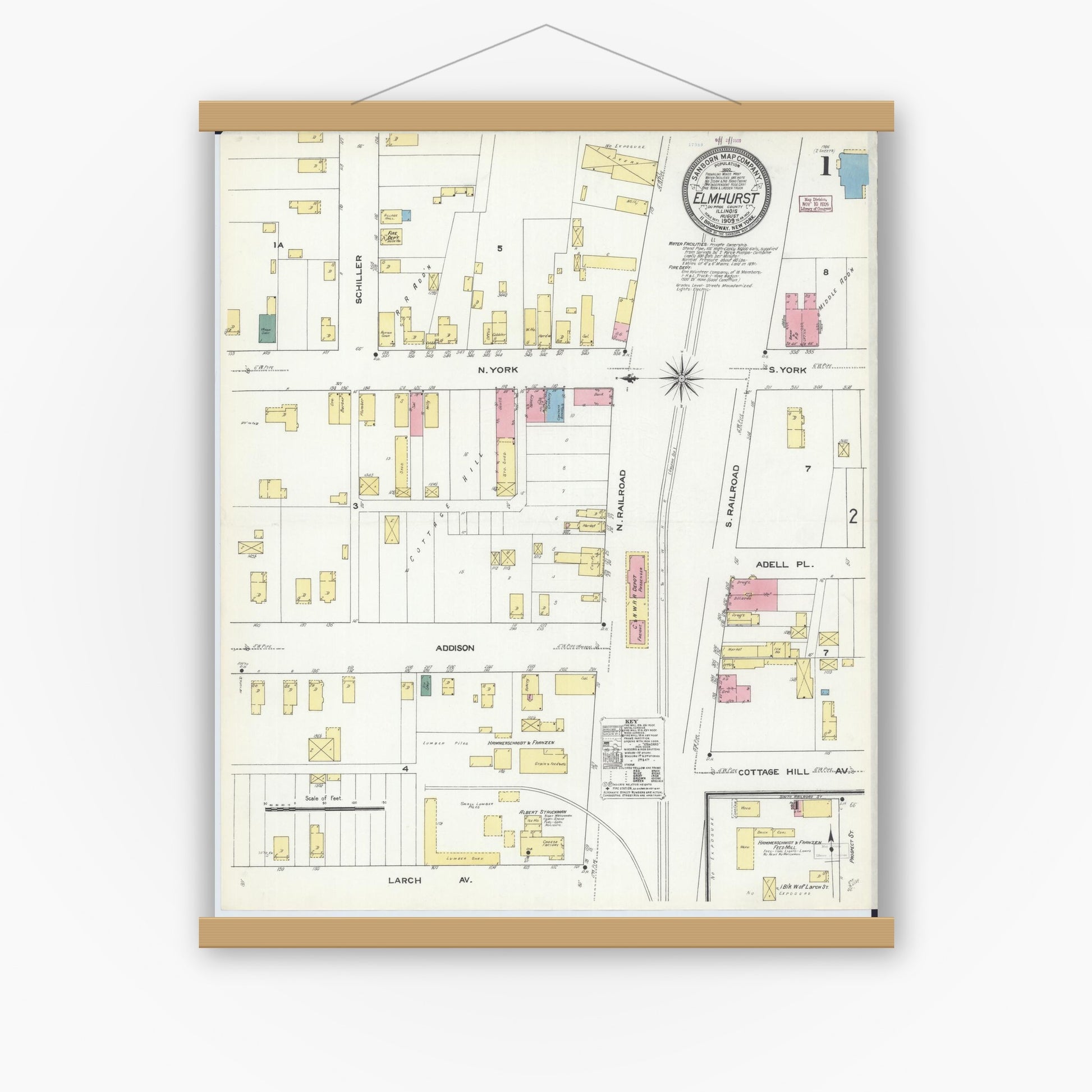 Old map wall art mockup — magnetic wood frame on white wall — Sanborn Fire Insurance Map from Elmhurst, Du Page County, Illinois (1909) - Complete Map Set