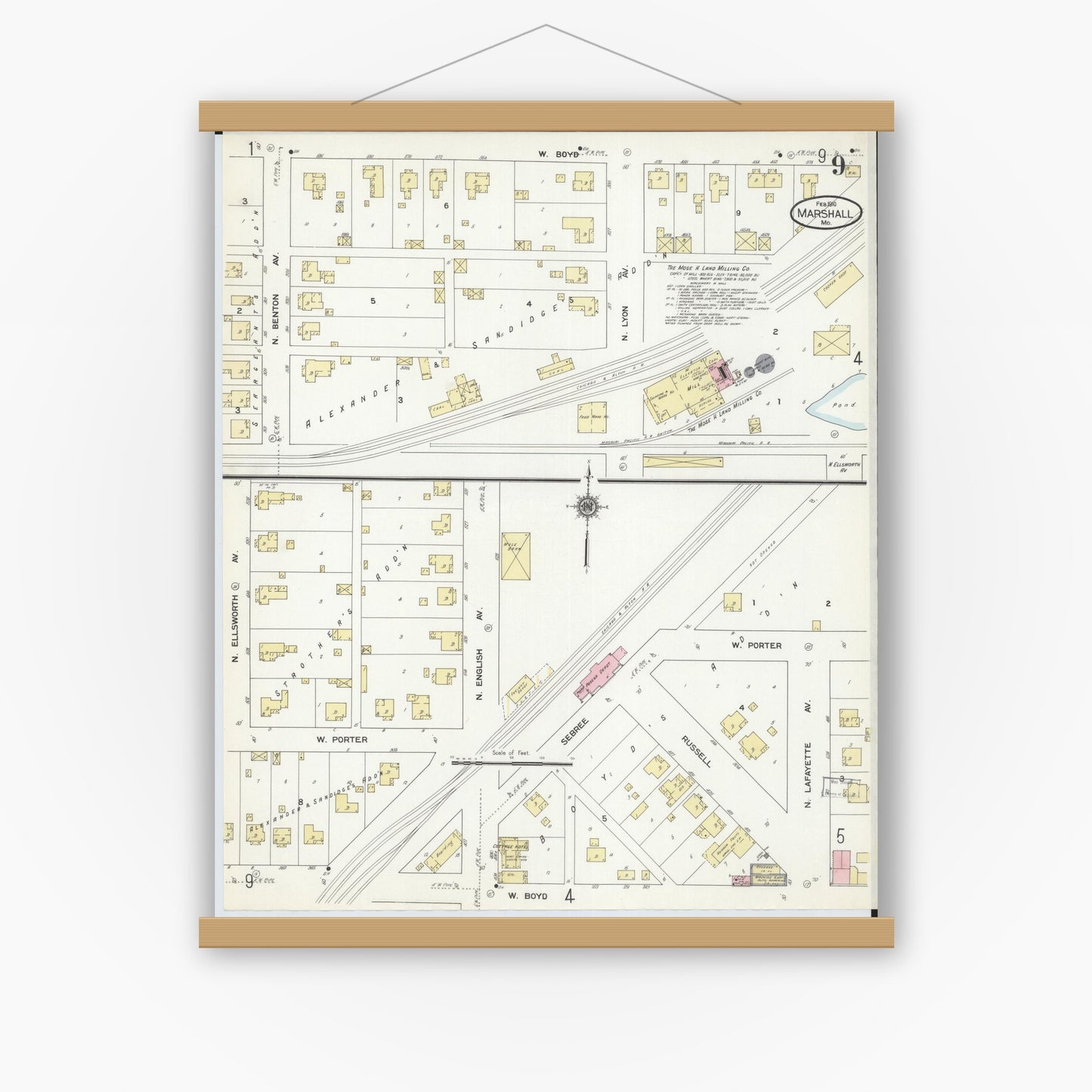 Old map wall art mockup — magnetic wood frame on white wall — Sanborn Fire Insurance Map from Marshall, Saline County, Missouri (1910), Sheet #0009