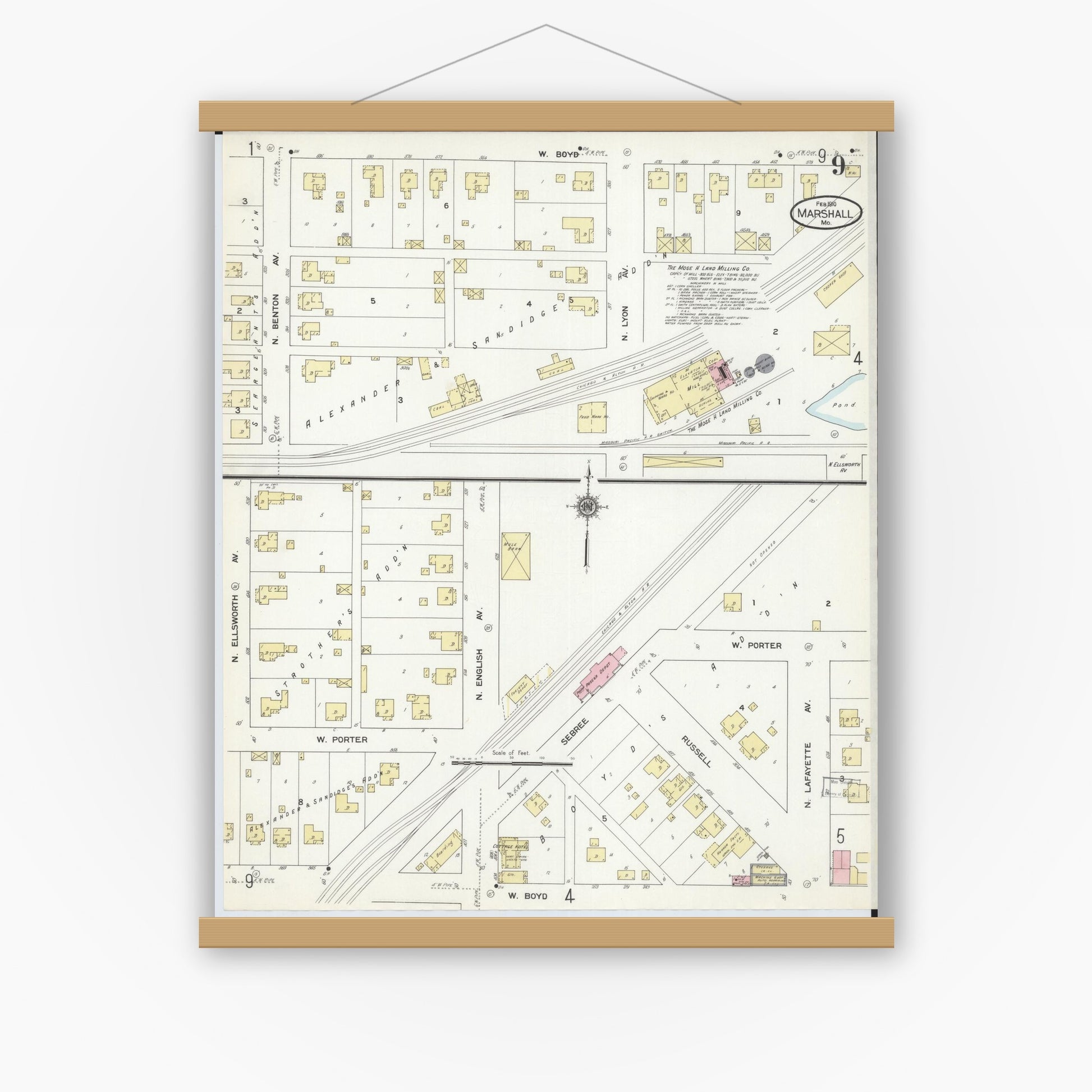 Old map wall art mockup — magnetic wood frame on white wall — Sanborn Fire Insurance Map from Marshall, Saline County, Missouri (1910), Sheet #0009