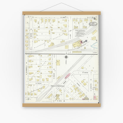 Old map wall art mockup — magnetic wood frame on white wall — Sanborn Fire Insurance Map from Marshall, Saline County, Missouri (1910), Sheet #0009