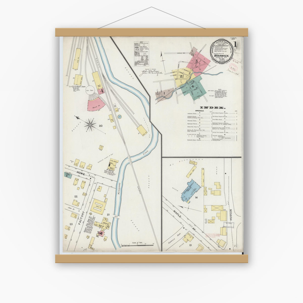 Old map wall art mockup — magnetic wood frame on white wall — Sanborn Fire Insurance Map from Warwick, Orange County, New York (1894), Sheet #0001