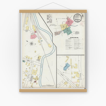 Old map wall art mockup — magnetic wood frame on white wall — Sanborn Fire Insurance Map from Warwick, Orange County, New York (1894), Sheet #0001