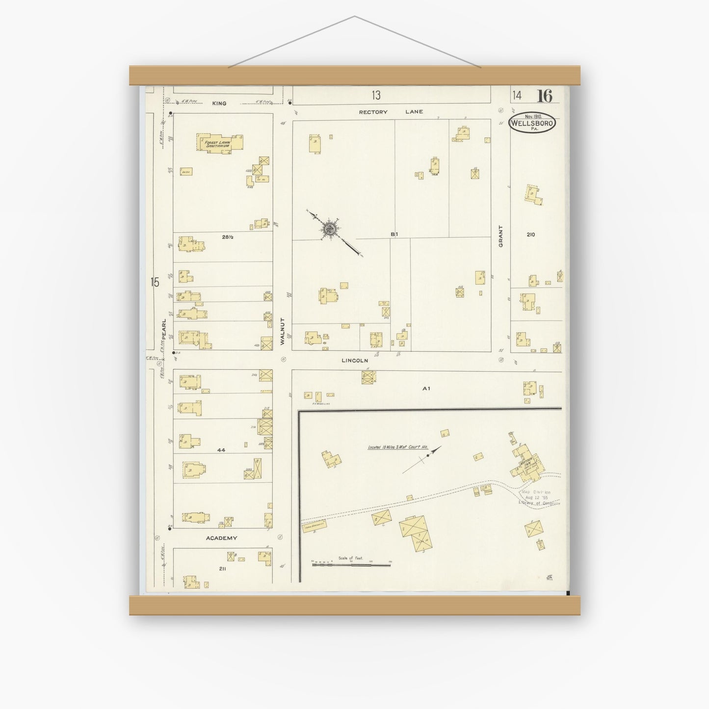 Old map wall art mockup — magnetic wood frame on white wall — Sanborn Fire Insurance Map from Wellsboro, Tioga County, Pennsylvania (1910), Sheet #0016
