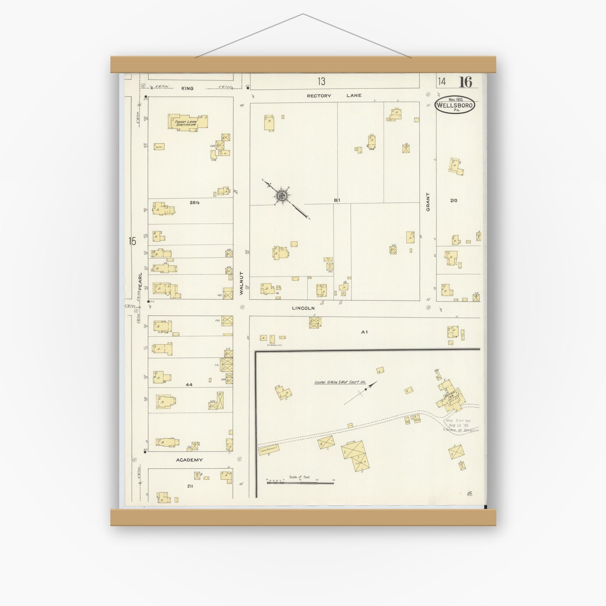 Old map wall art mockup — magnetic wood frame on white wall — Sanborn Fire Insurance Map from Wellsboro, Tioga County, Pennsylvania (1910), Sheet #0016