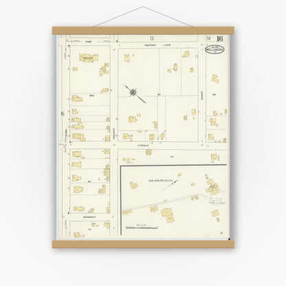 Old map wall art mockup — magnetic wood frame on white wall — Sanborn Fire Insurance Map from Wellsboro, Tioga County, Pennsylvania (1910), Sheet #0016