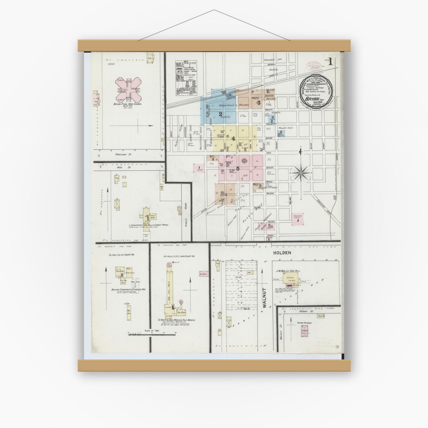 Old map wall art mockup — magnetic wood frame on white wall — Sanborn Fire Insurance Map from Bryan, Williams County, Ohio (1888) - Complete Map Set