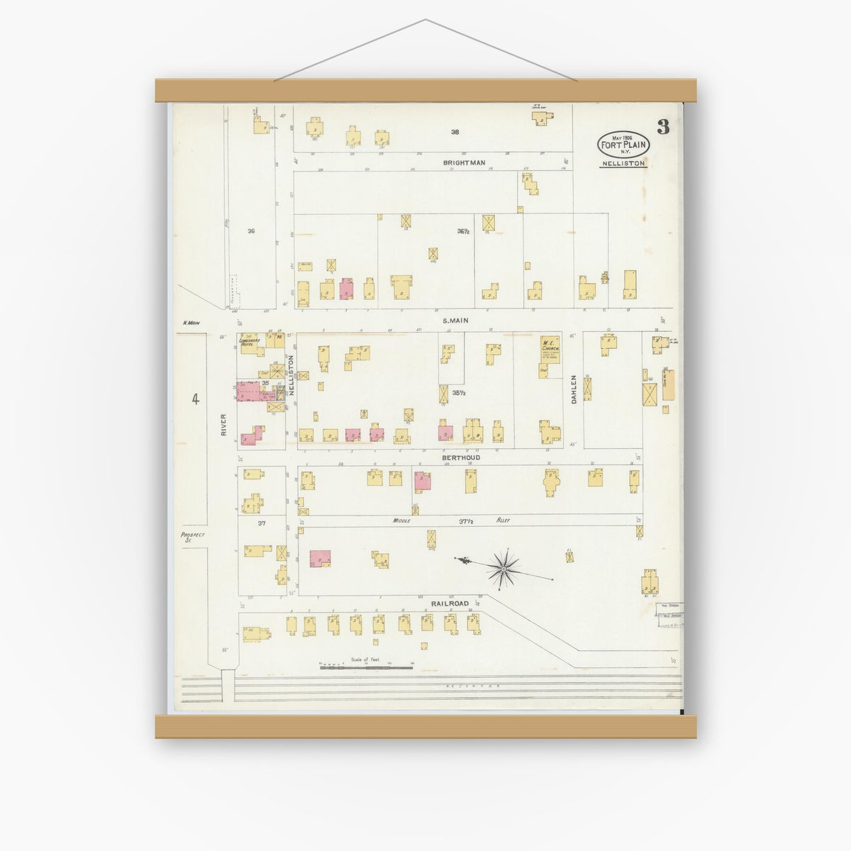 Old map wall art mockup — magnetic wood frame on white wall — Sanborn Fire Insurance Map from Fort Plain, Montgomery County, New York (1906), Sheet #0003