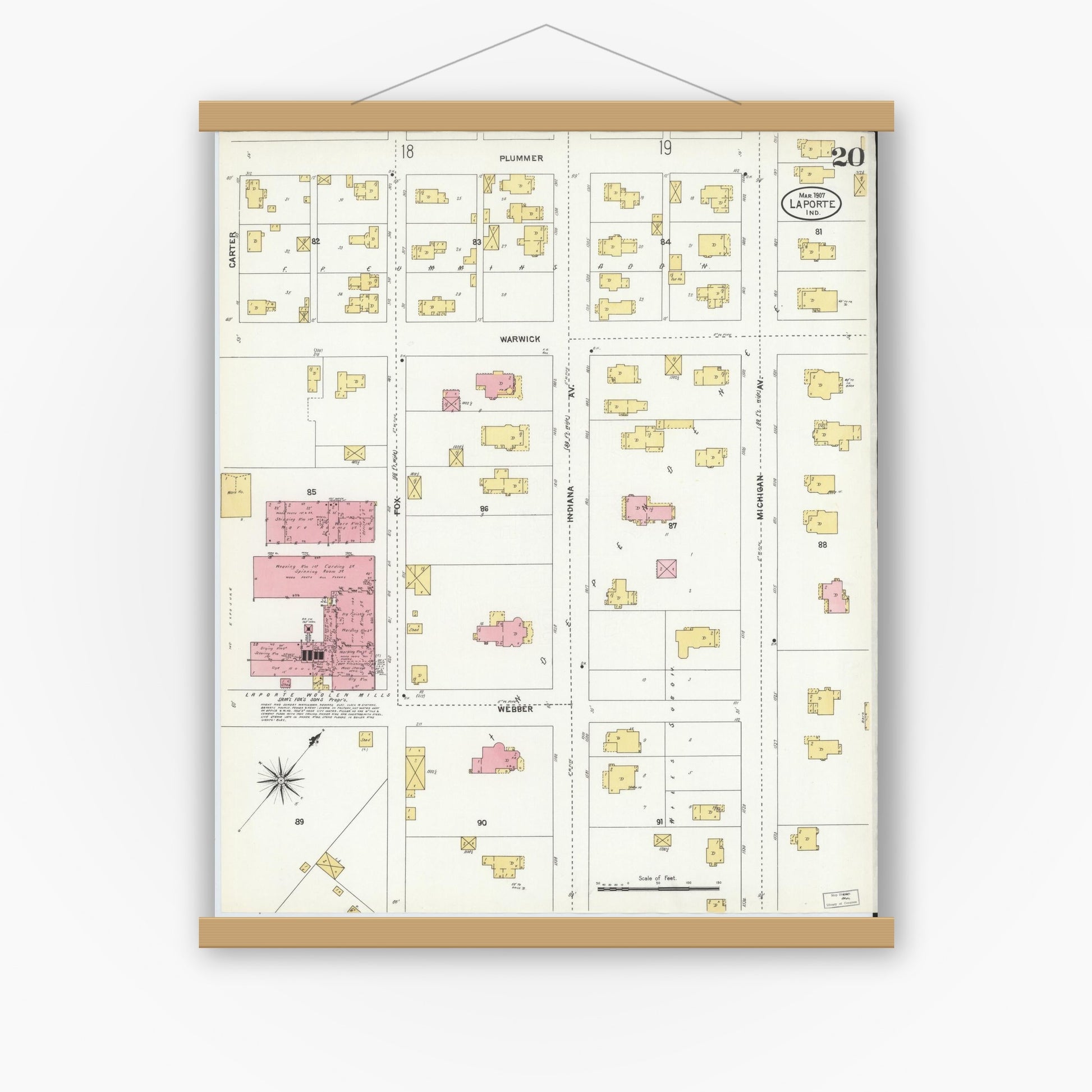 Old map wall art mockup — magnetic wood frame on white wall — Sanborn Fire Insurance Map from La Porte, La Porte County, Indiana (1907), Sheet #0020