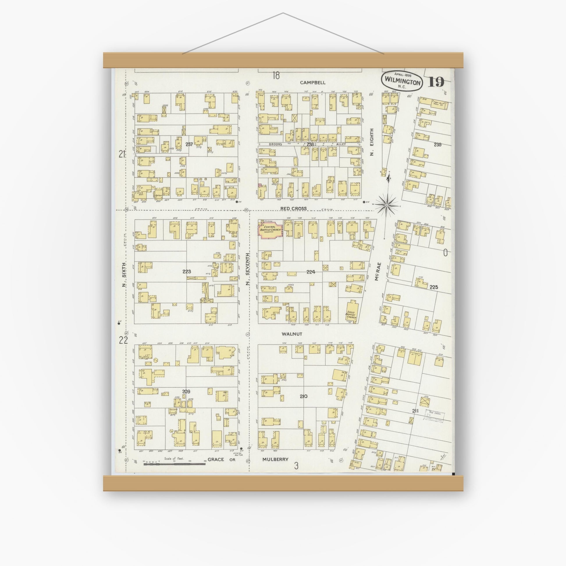 Old map wall art mockup — magnetic wood frame on white wall — Sanborn Fire Insurance Map from Wilmington, New Hanover County, North Carolina (1898), Sheet #0019