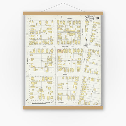 Old map wall art mockup — magnetic wood frame on white wall — Sanborn Fire Insurance Map from Wilmington, New Hanover County, North Carolina (1898), Sheet #0019