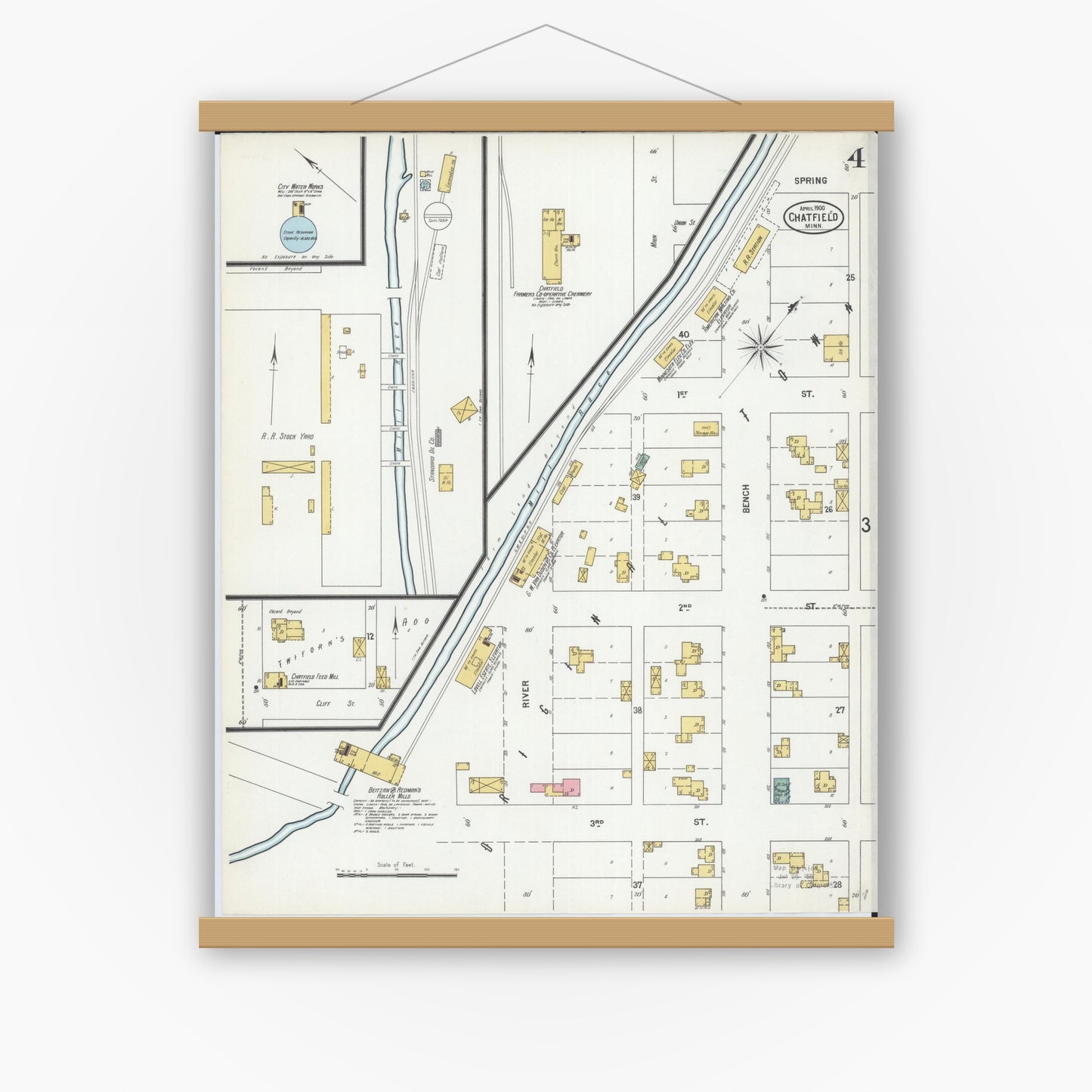 Old map wall art mockup — magnetic wood frame on white wall — Sanborn Fire Insurance Map from Chatfield, Fillmore And Olmsted Counties, Minnesota (1900), Sheet #0004