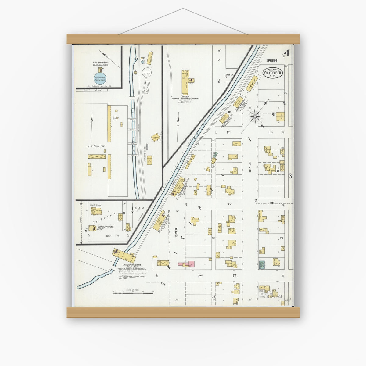 Old map wall art mockup — magnetic wood frame on white wall — Sanborn Fire Insurance Map from Chatfield, Fillmore And Olmsted Counties, Minnesota (1900), Sheet #0004