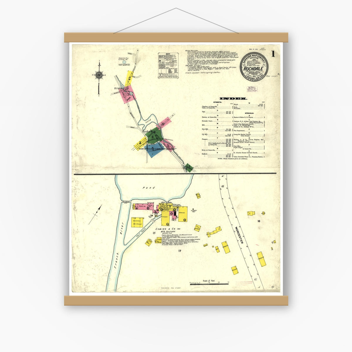 Old map wall art mockup — magnetic wood frame on white wall — Sanborn Fire Insurance Map from Rochdale, Worcester County, Massachusetts (1911), Sheet #0001