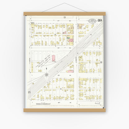 Old map wall art mockup — magnetic wood frame on white wall — Sanborn Fire Insurance Map from Clinton, Clinton County, Iowa (1897), Sheet #0020