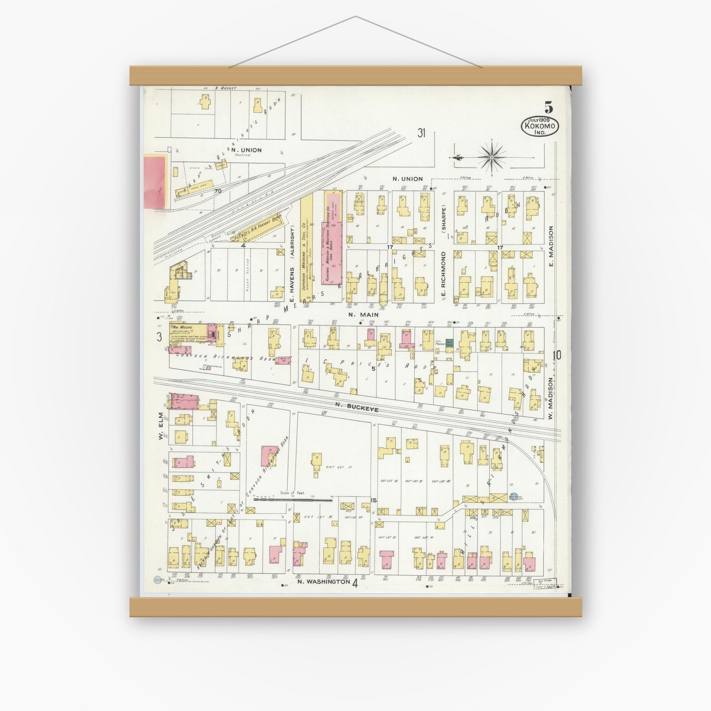 Old map wall art mockup — magnetic wood frame on white wall — Sanborn Fire Insurance Map from Kokomo, Howard County, Indiana (1909), Sheet #0005