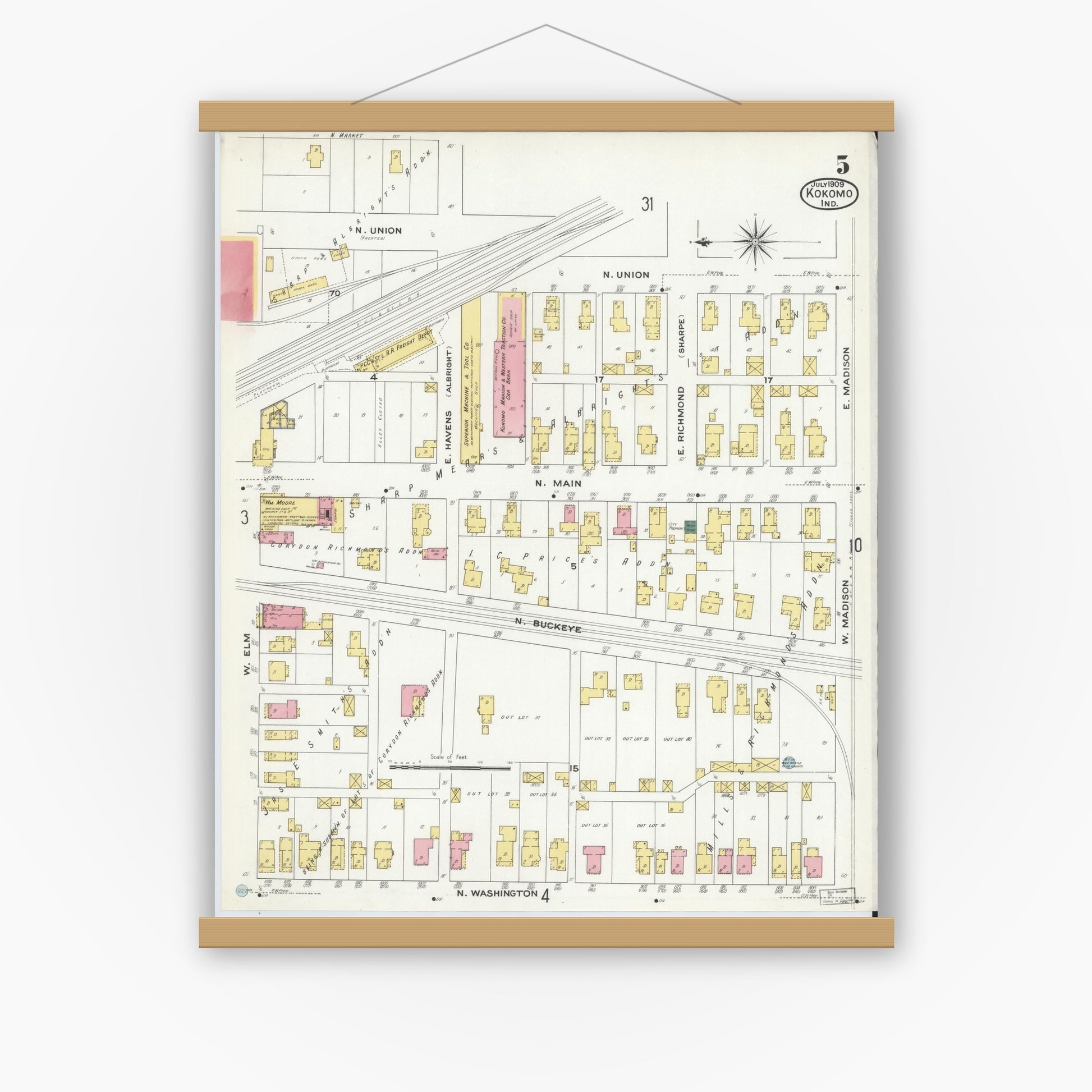 Old map wall art mockup — magnetic wood frame on white wall — Sanborn Fire Insurance Map from Kokomo, Howard County, Indiana (1909), Sheet #0005